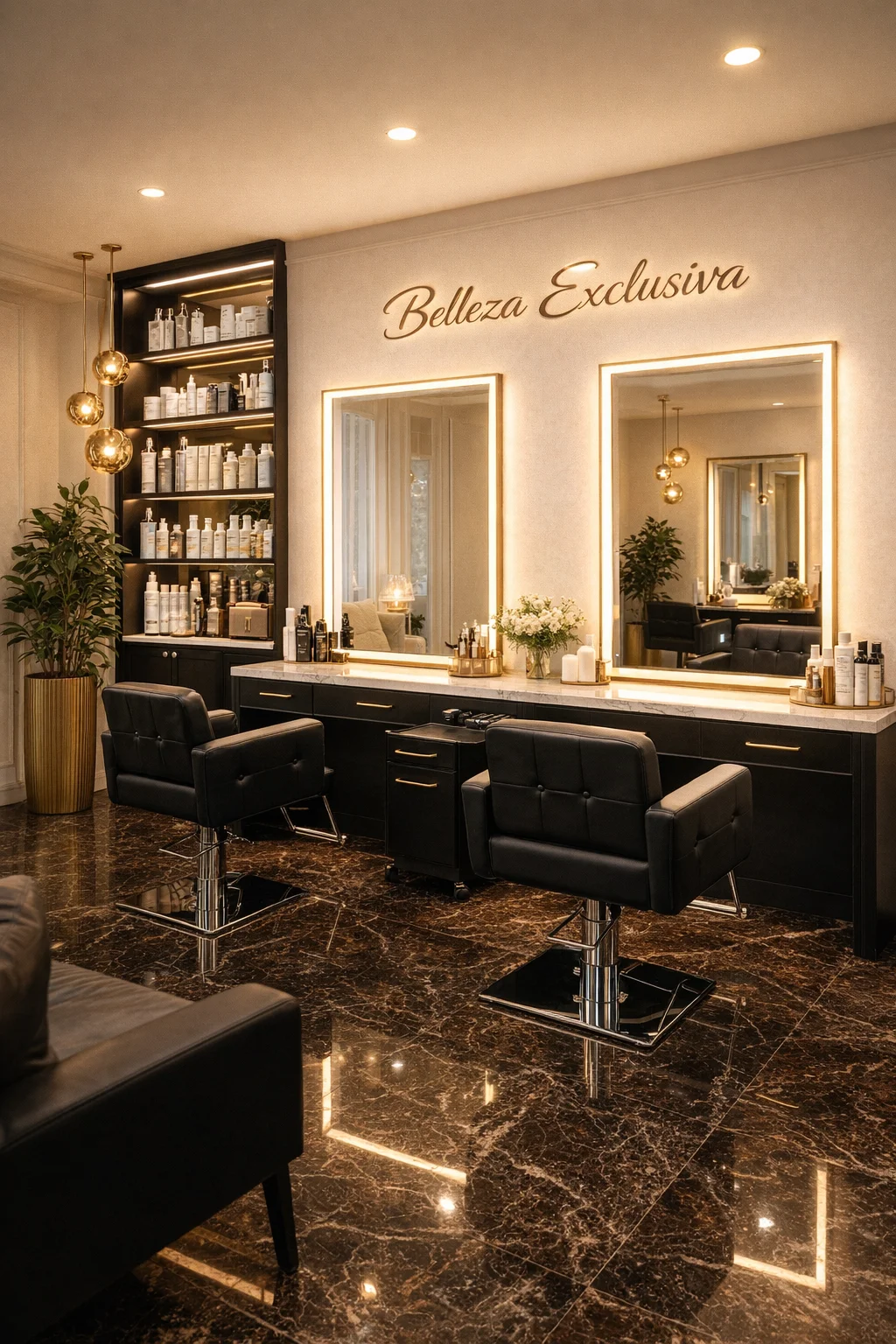 Interior del salón de belleza Belleza Exclusiva en Casarino, con estaciones de peluquería elegantes y decoración premium