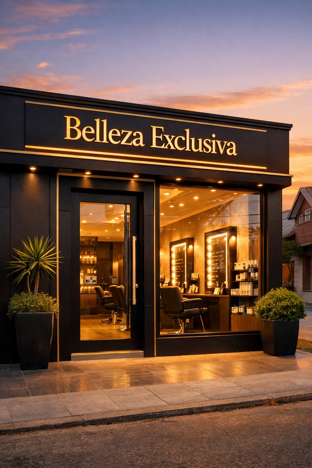 Fachada exterior del salón Belleza Exclusiva al atardecer en Casarino, con entrada elegante e iluminación cálida