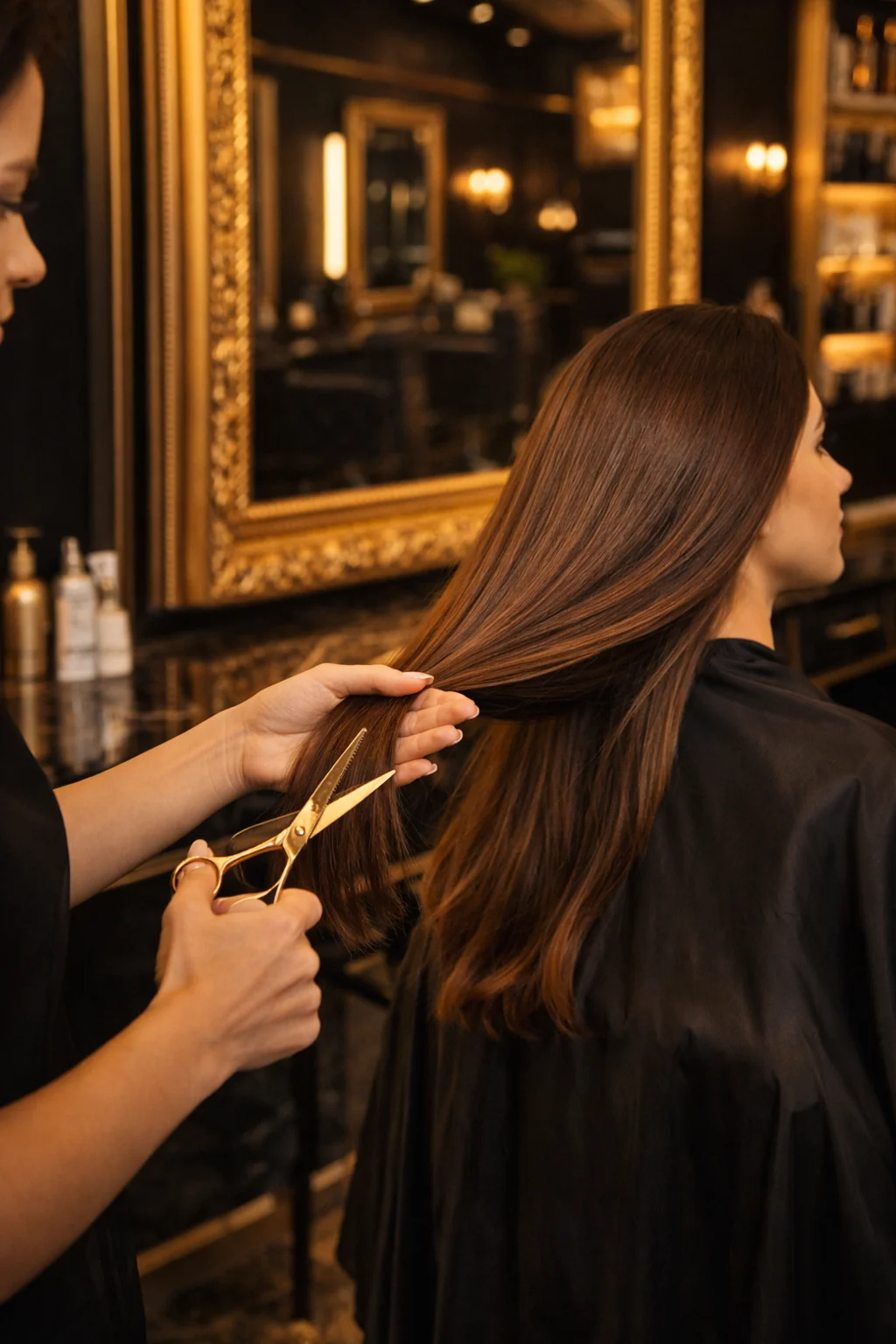 Estilista profesional cortando cabello en el salón de peluquería de lujo Belleza Exclusiva